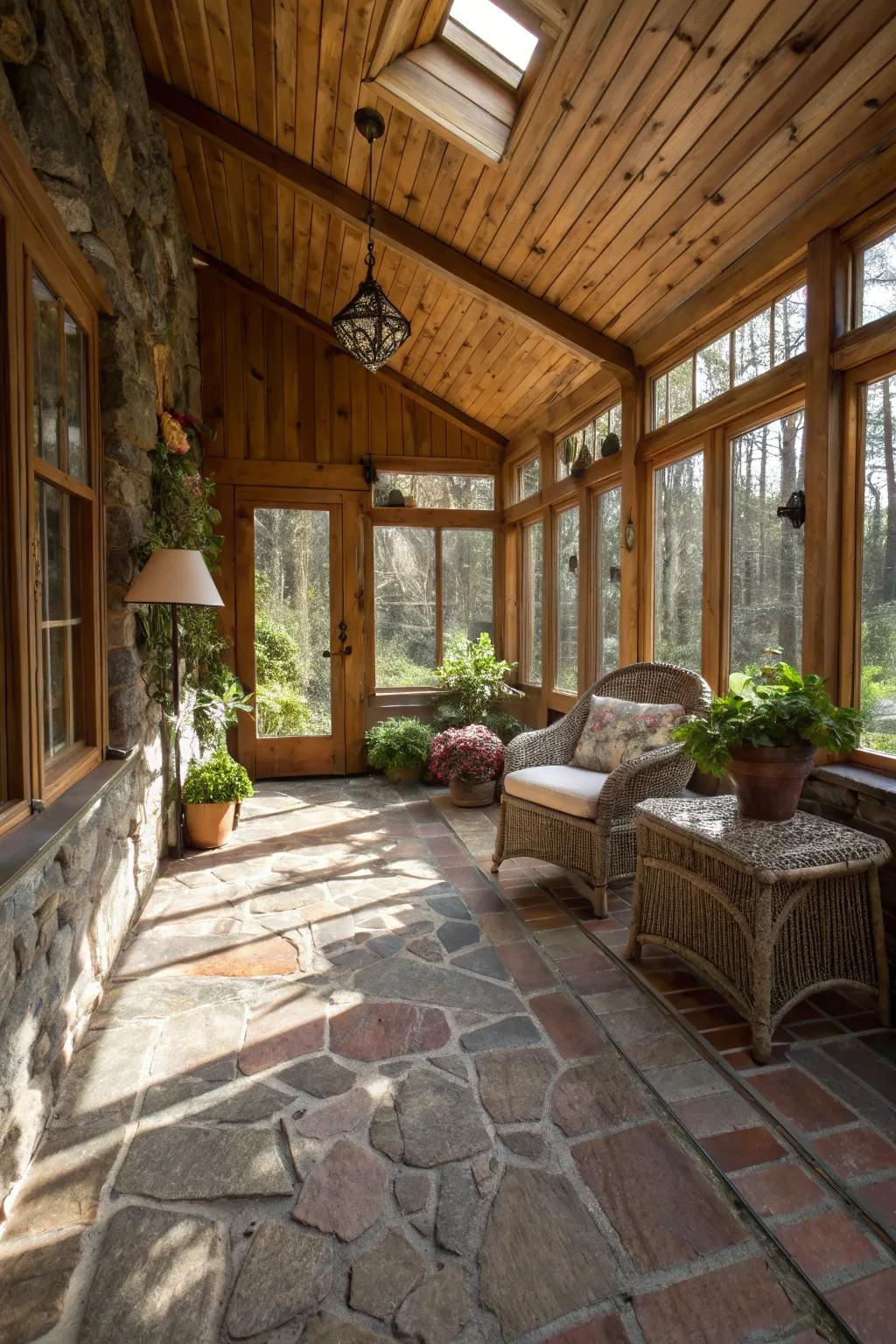 Slate flooring contributes an earthy touch to this country-style glass room.