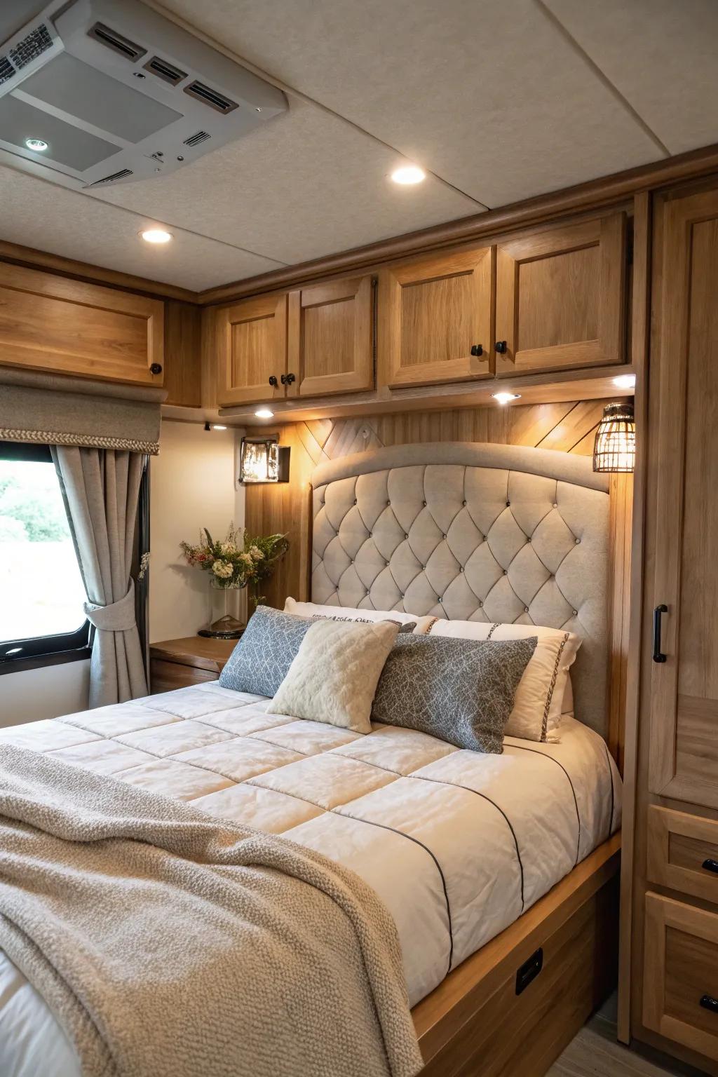 A headboard brings luxury and coziness to your RV bedroom.
