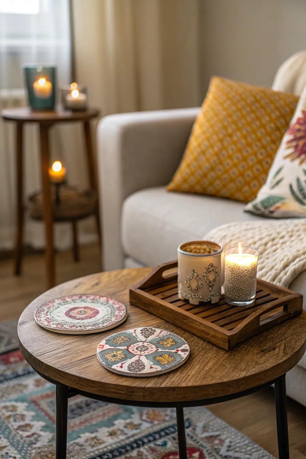 Functional drink rests that add utility and charm to an accent table.