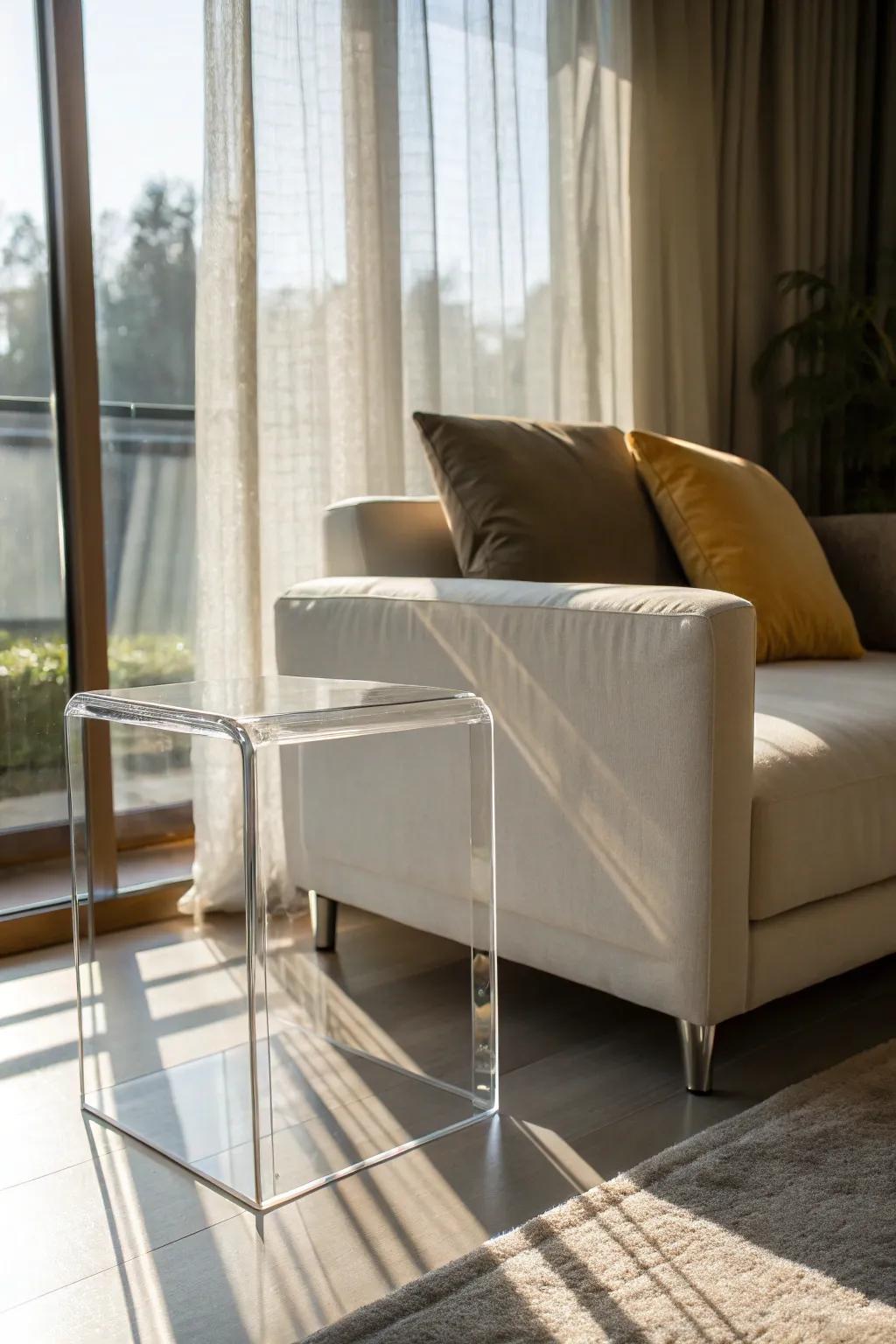 Acrylic tables introduce space and light to compact areas.