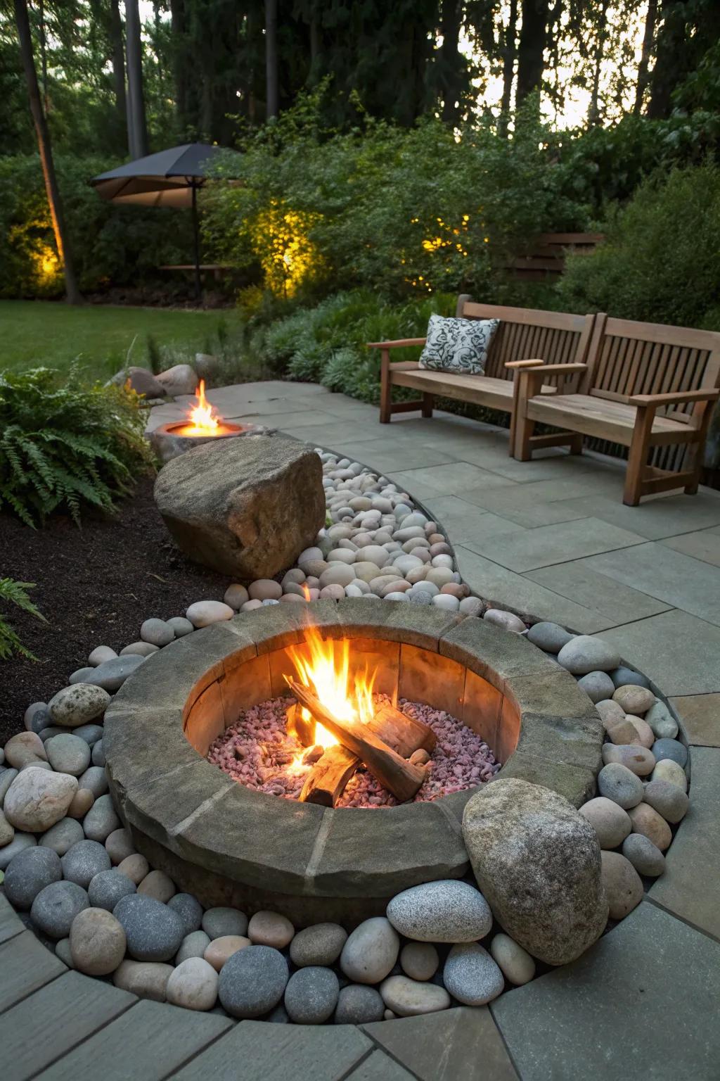 An inviting flame pit zone intensified with ornamental rocks.
