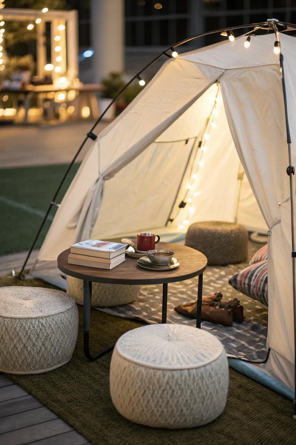 Functional tent area featuring simple furniture.