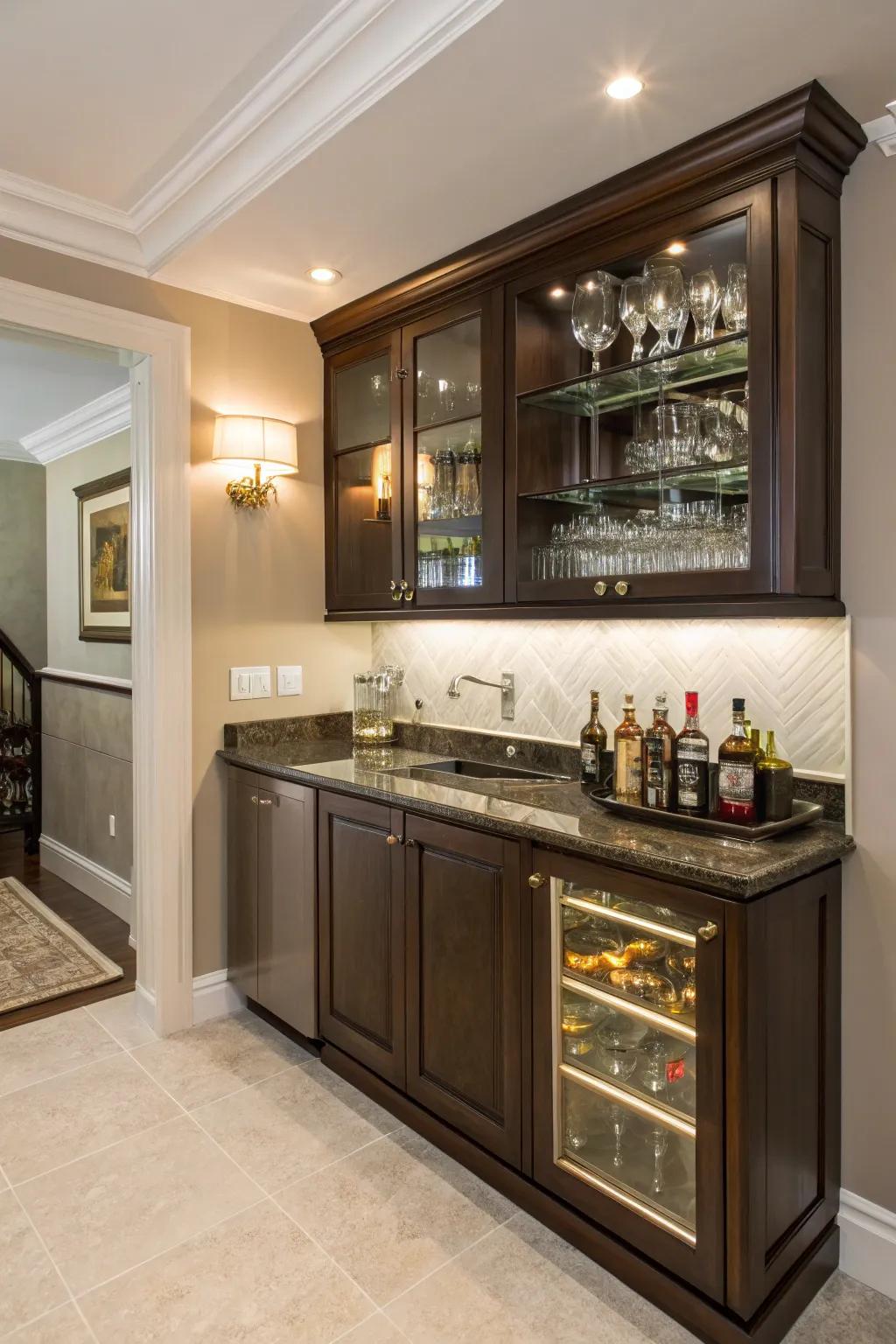 A compact wet bar cleverly fitted within an angular expanse.