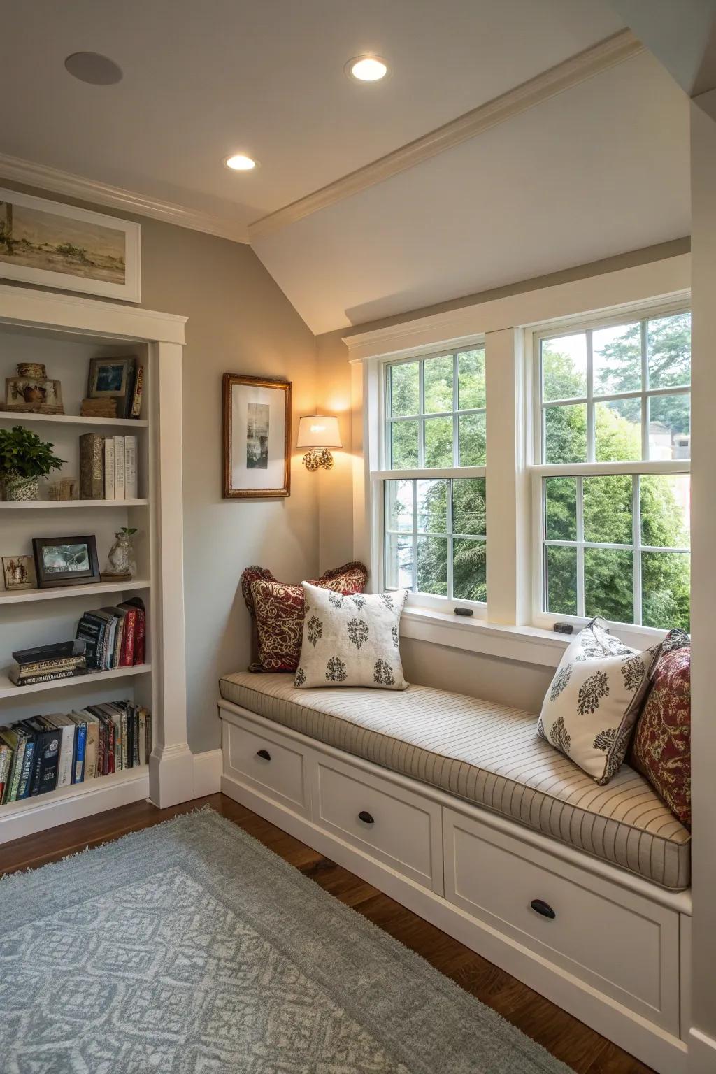 This custom-built seating enhances and optimizes the use of space within a small living room.