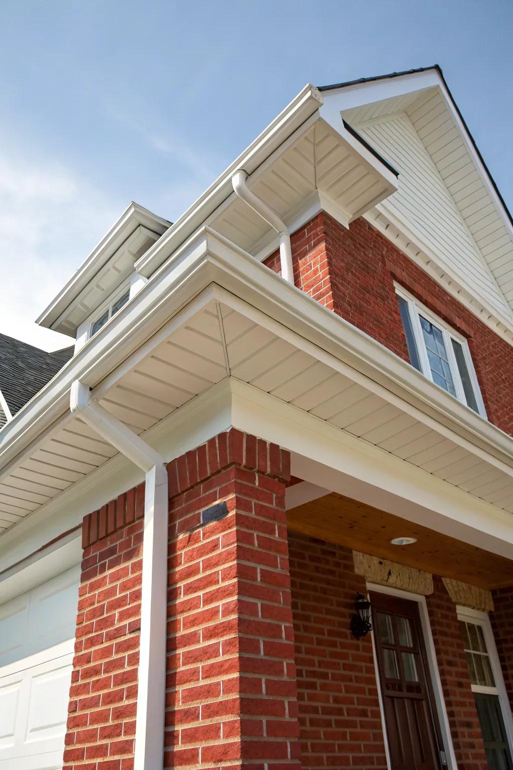 Crisp white soffit and fascia against red brick for a classic look.