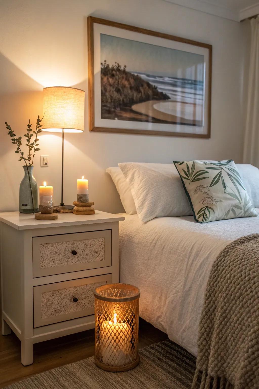 Thoughtful accessories, such as candles and art, contribute to a warmer, more inviting space.