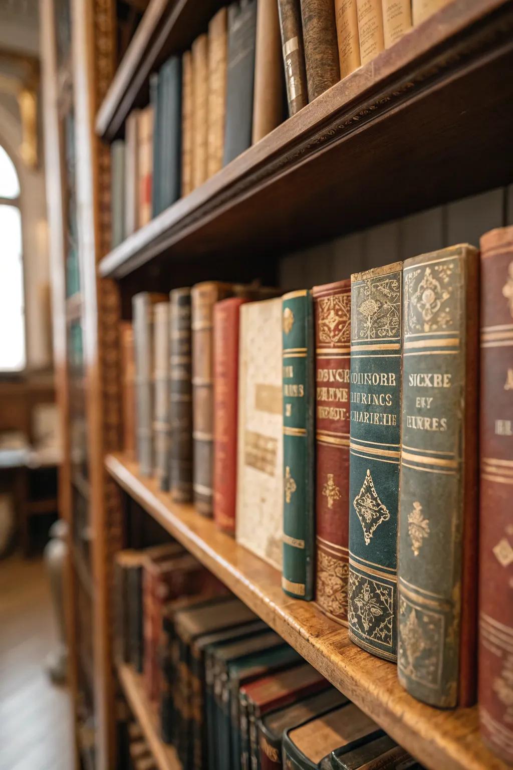 Bookshelves filled with vintage books add character and charm.