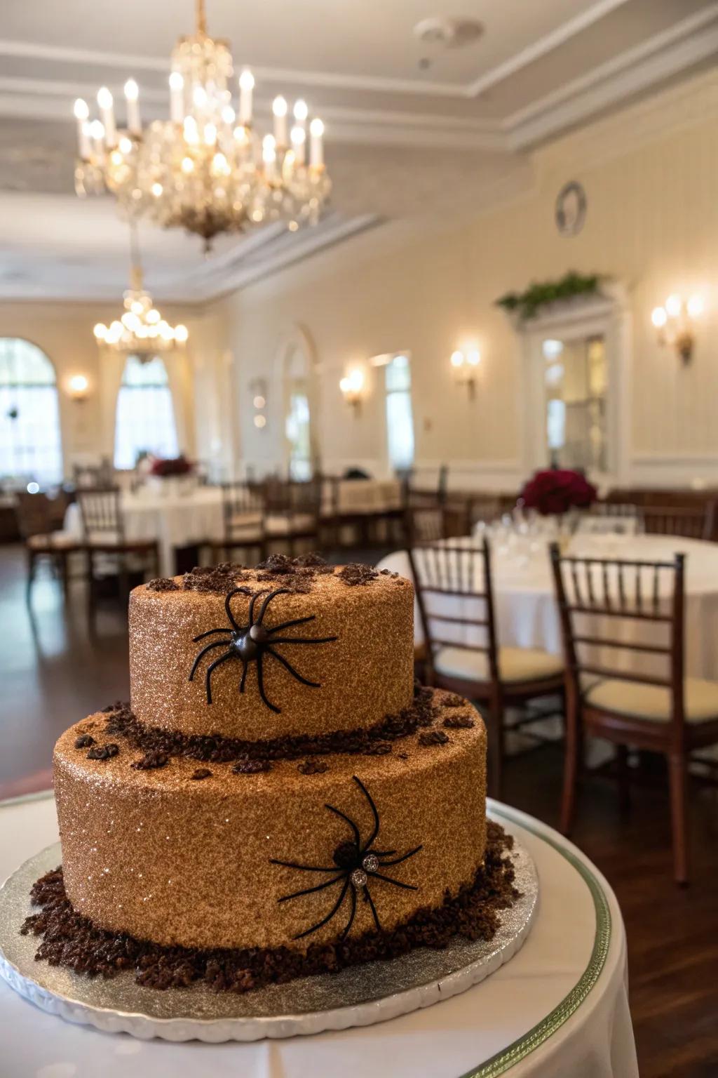 A sparkling spider cake adorned with edible glitter.