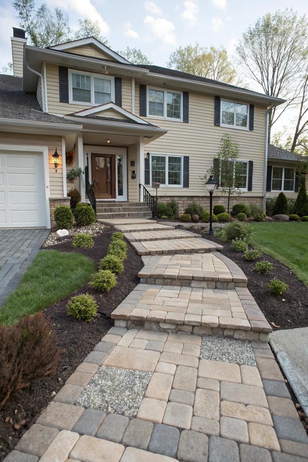 Layered walkways create depth and guide guests to your entrance.