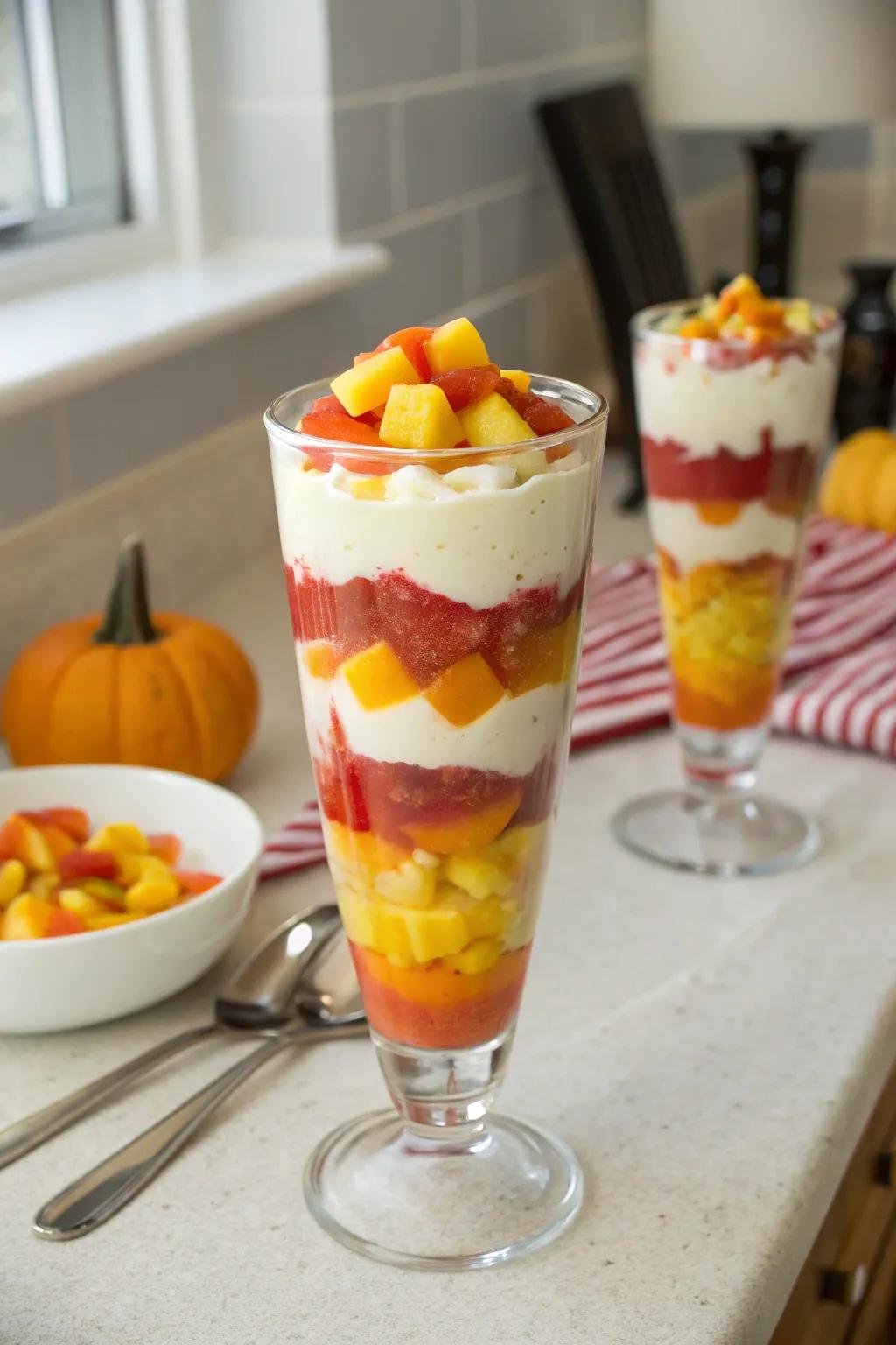 Confection corn fruit parfait delivering a wholesome, celebratory delicacy.