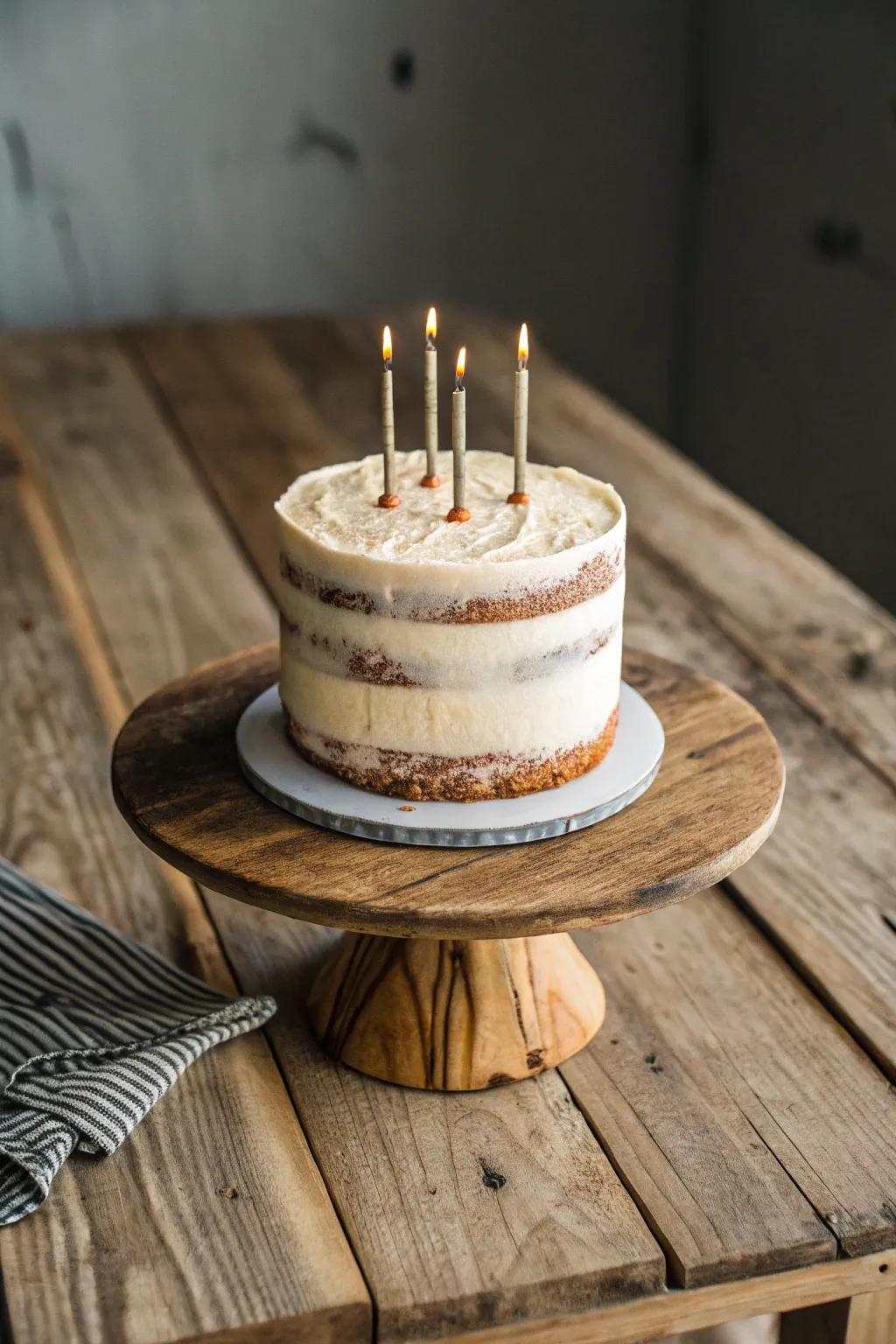 An uncovered cake displaying innate beauty and simplicity.