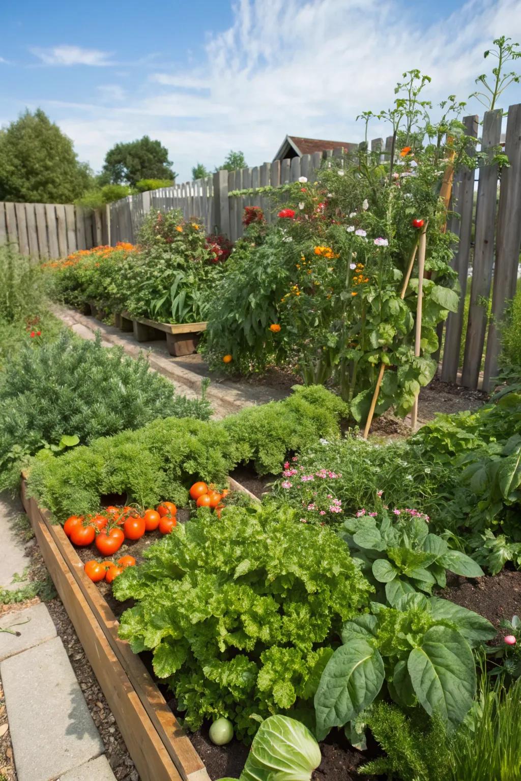 A veggie garden full of produce and herbs provides fresh ingredients for your kitchen.