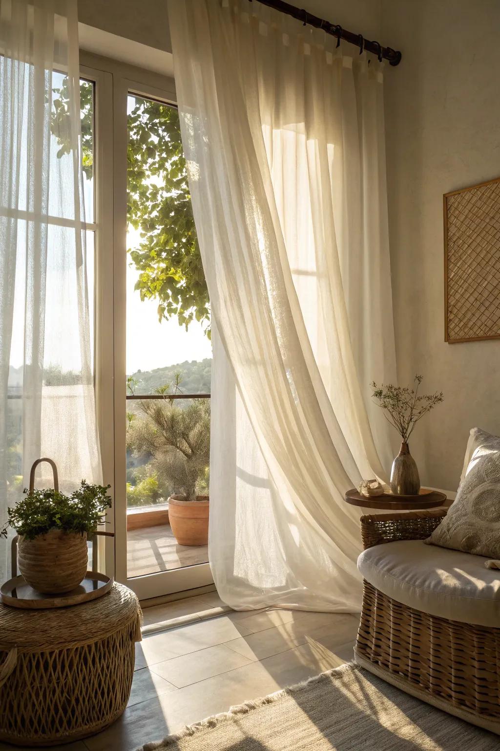 Delicate draperies assist in establishing a radiant and welcoming springtime environment.