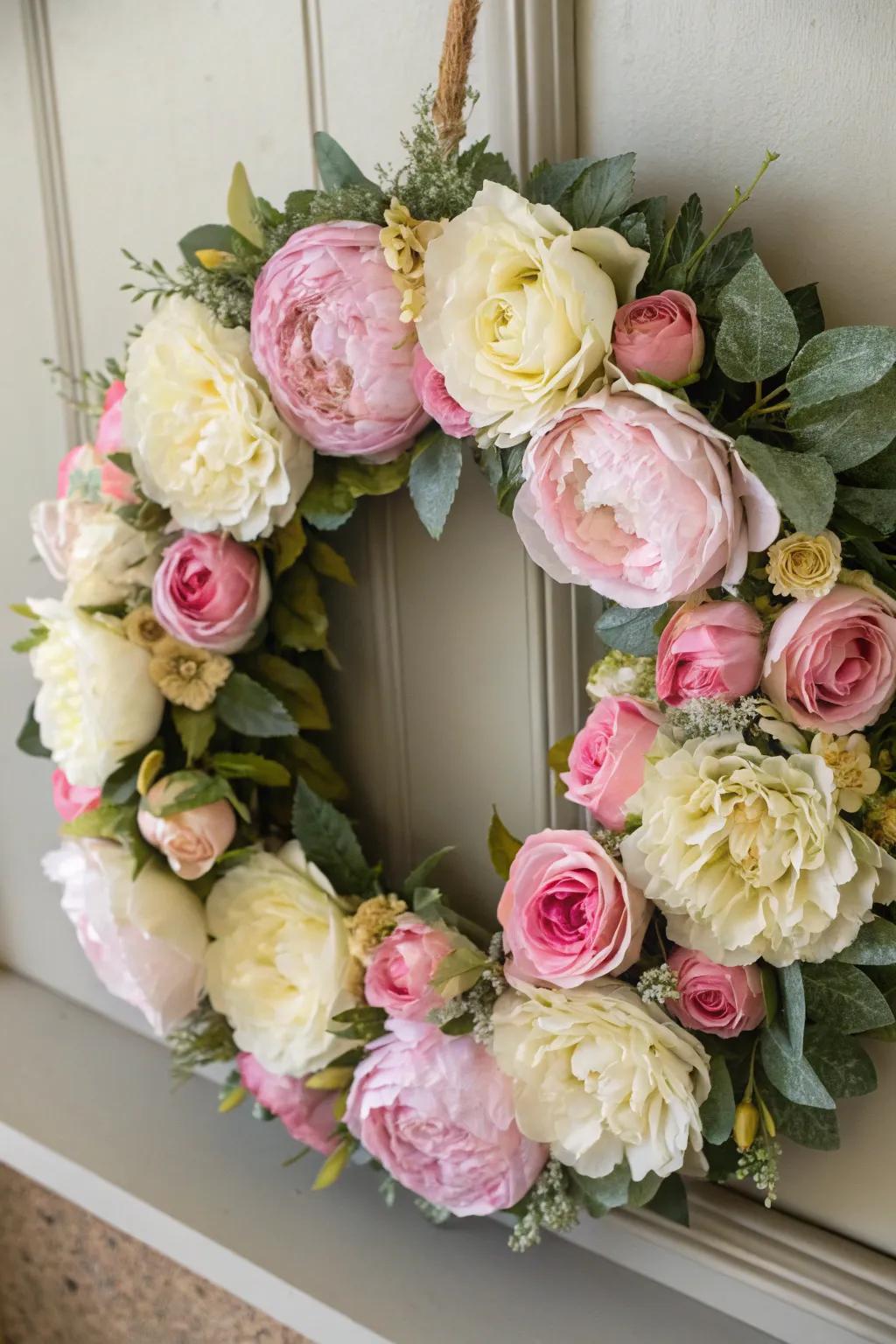 A romantic wreath brimming with timeless silken blooms.