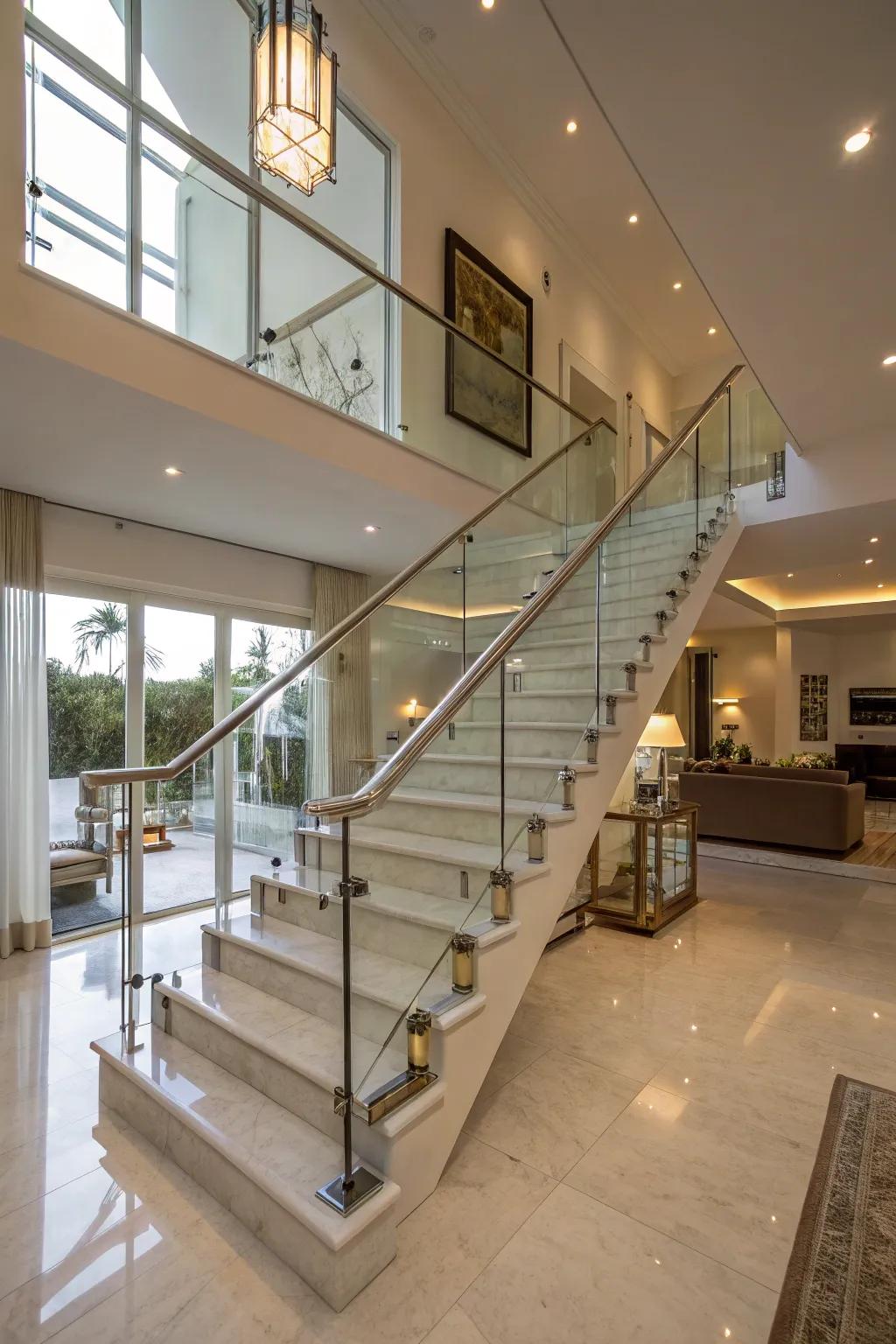 Glass railings provide a sleek and modern aesthetic.
