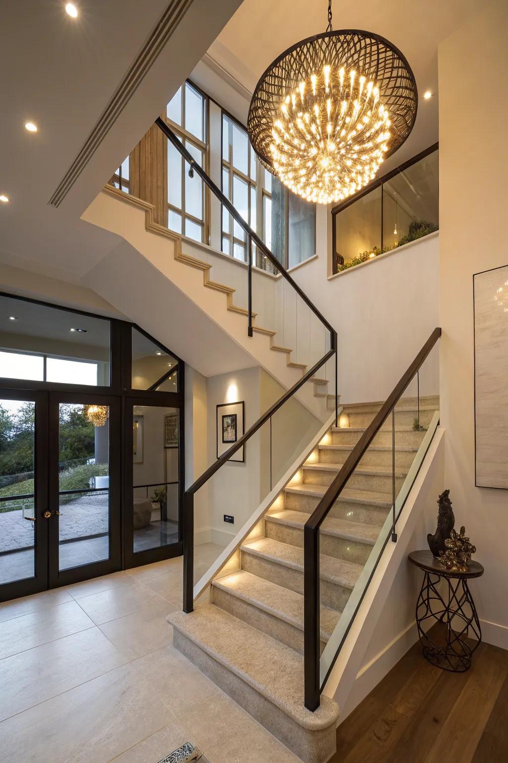 The architectural features of this staircase are enhanced by impressive lighting.