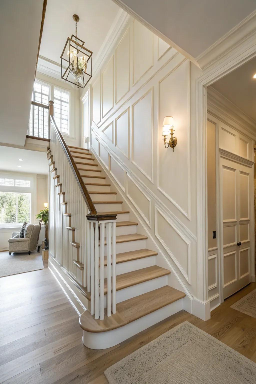 Light colors and minimal decor create an open and inviting staircase.