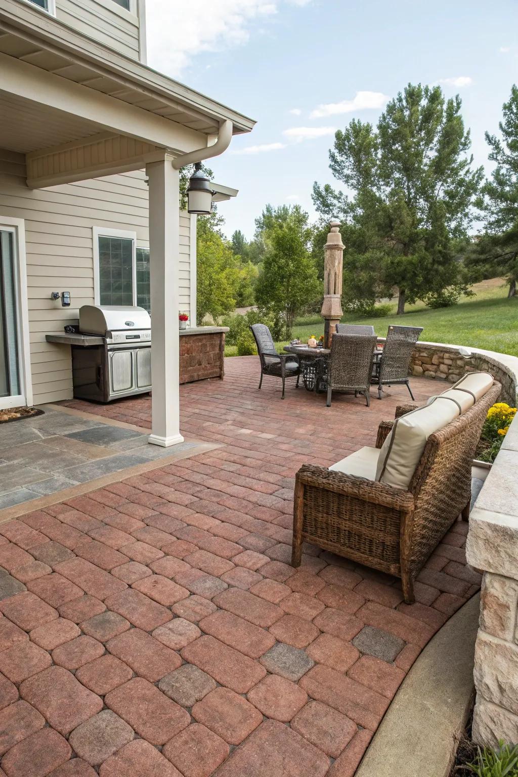 Brick-patterned concrete adds warmth and comfort to this patio.