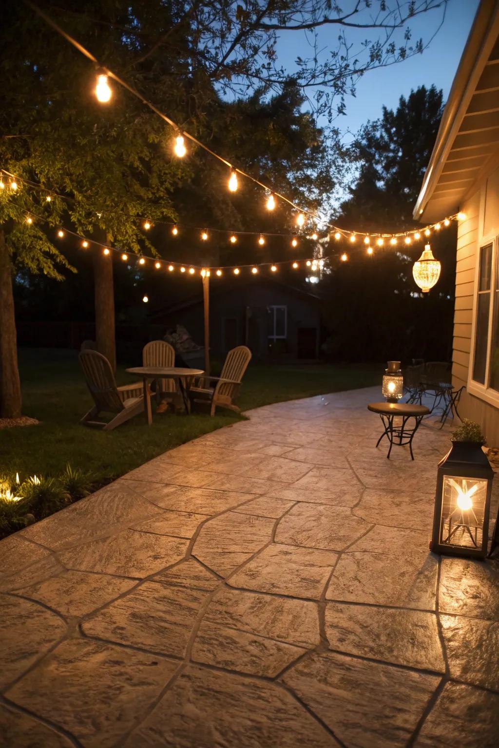 Ambient lighting turns the patio into a nighttime sanctuary.