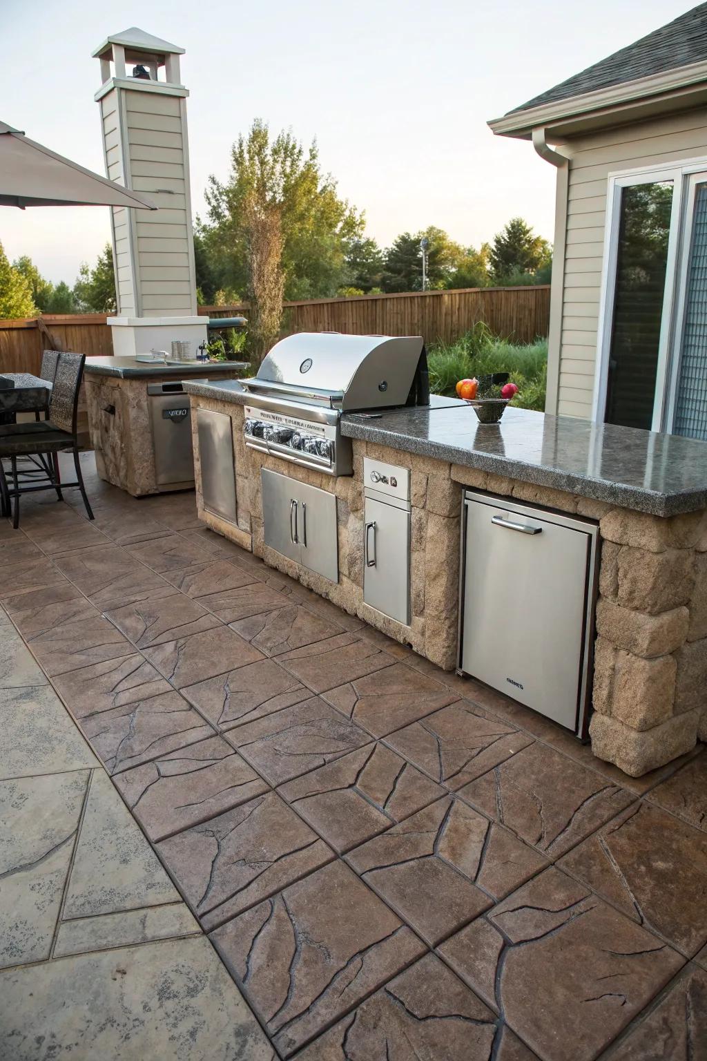 A stamped concrete patio highlighting a fashionable exterior cooking area.