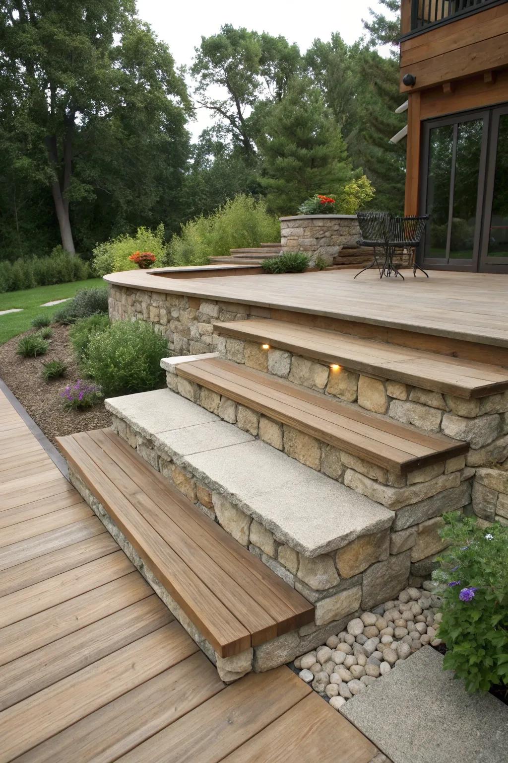 Rock steps beautifully integrated into the overall trim design of the deck.