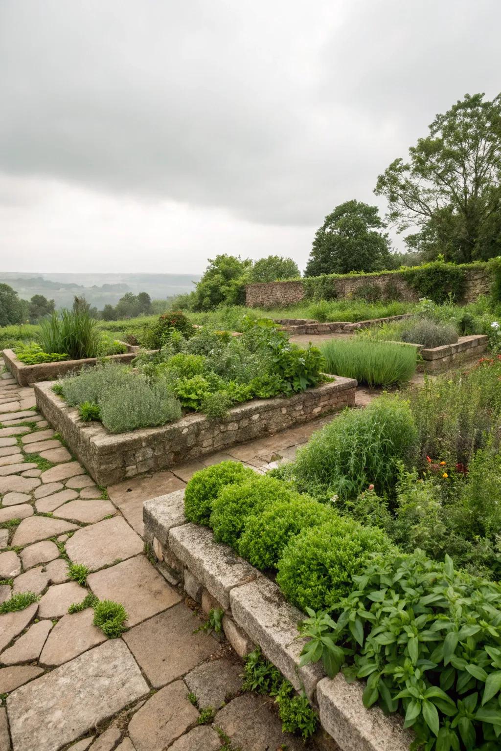 A thriving herb garden with stones utilizing natural warmth.