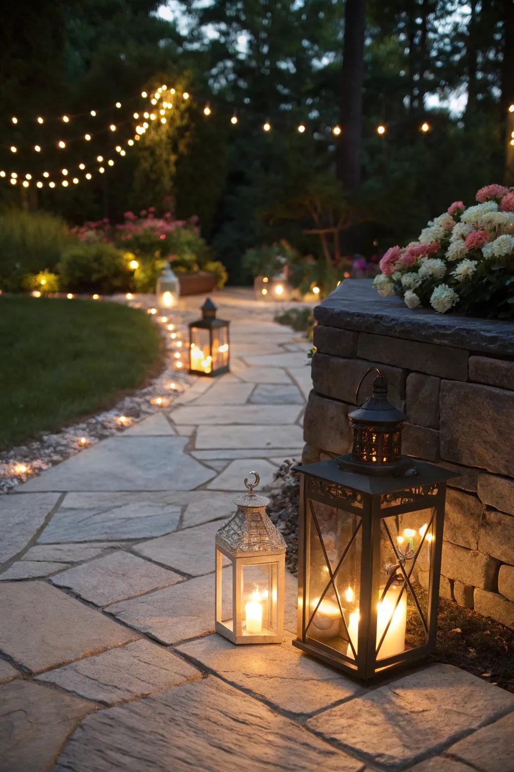 A stone patio with enchanting ambient illumination.