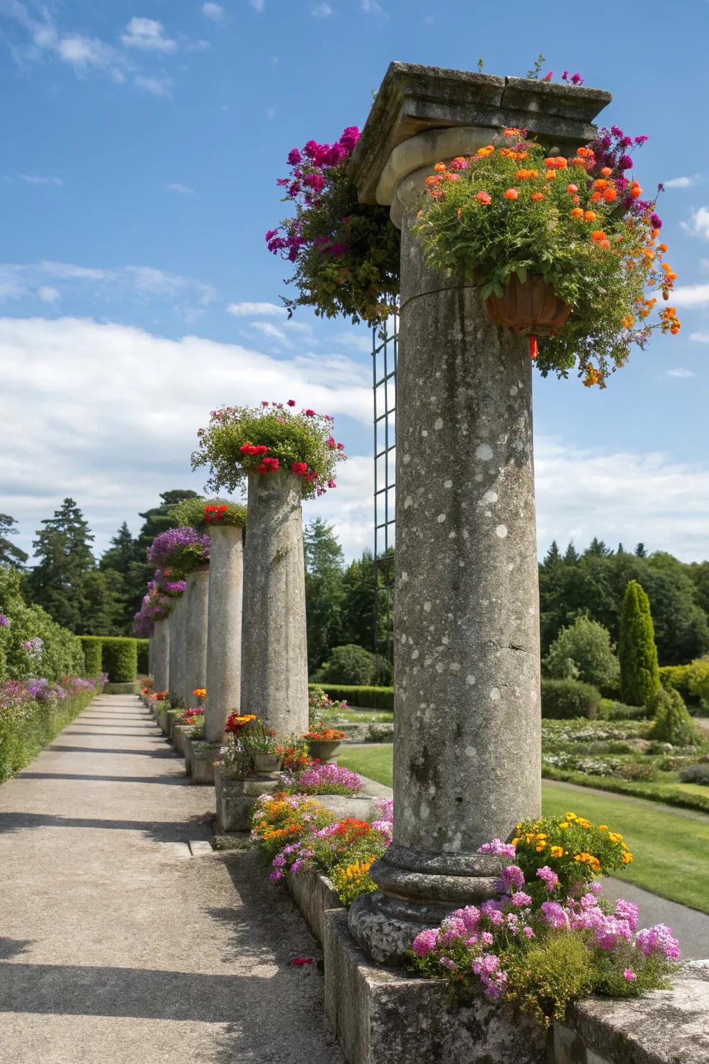 Breathe life into stone pillars with vibrant floral planters.