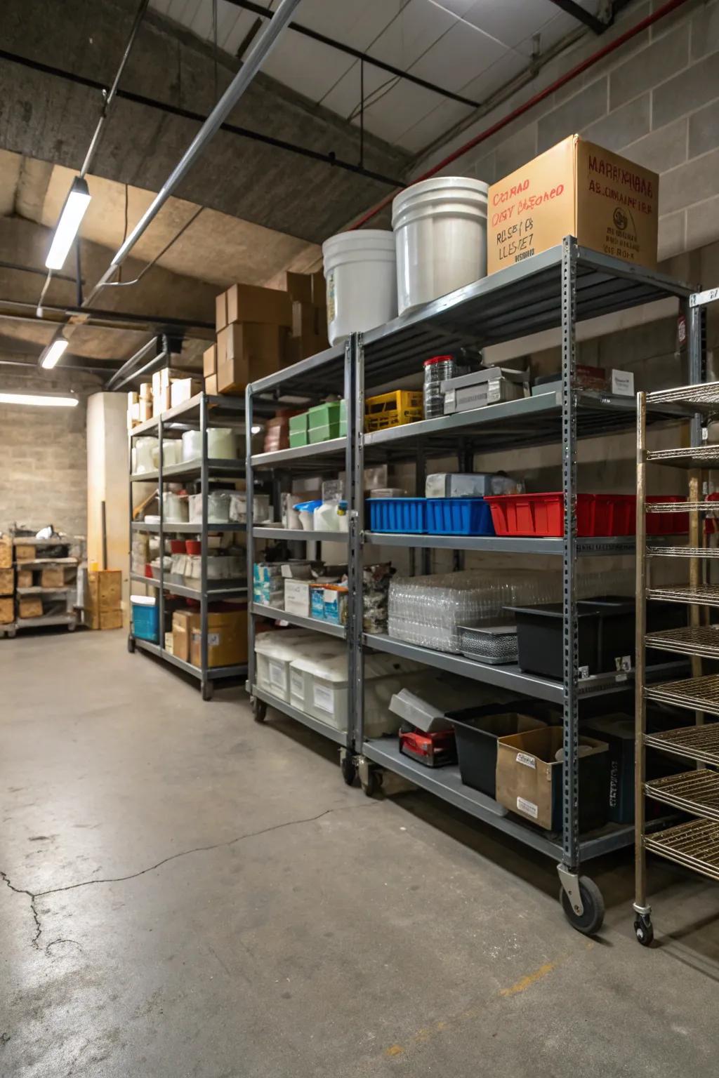 Wheeled shelves provide flexible storage solutions.