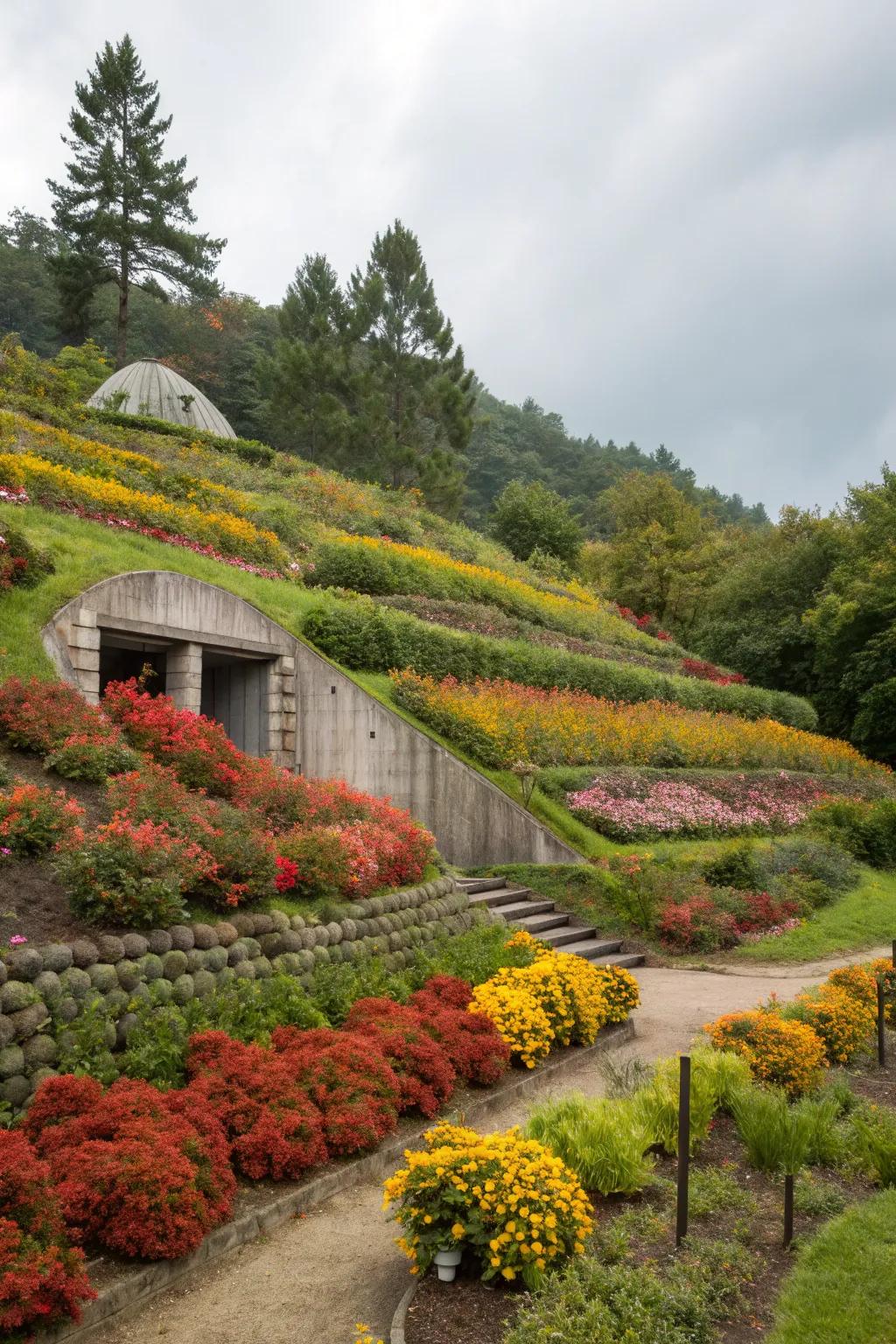 Tiered gardens utilize slopes beautifully around storm shelters.