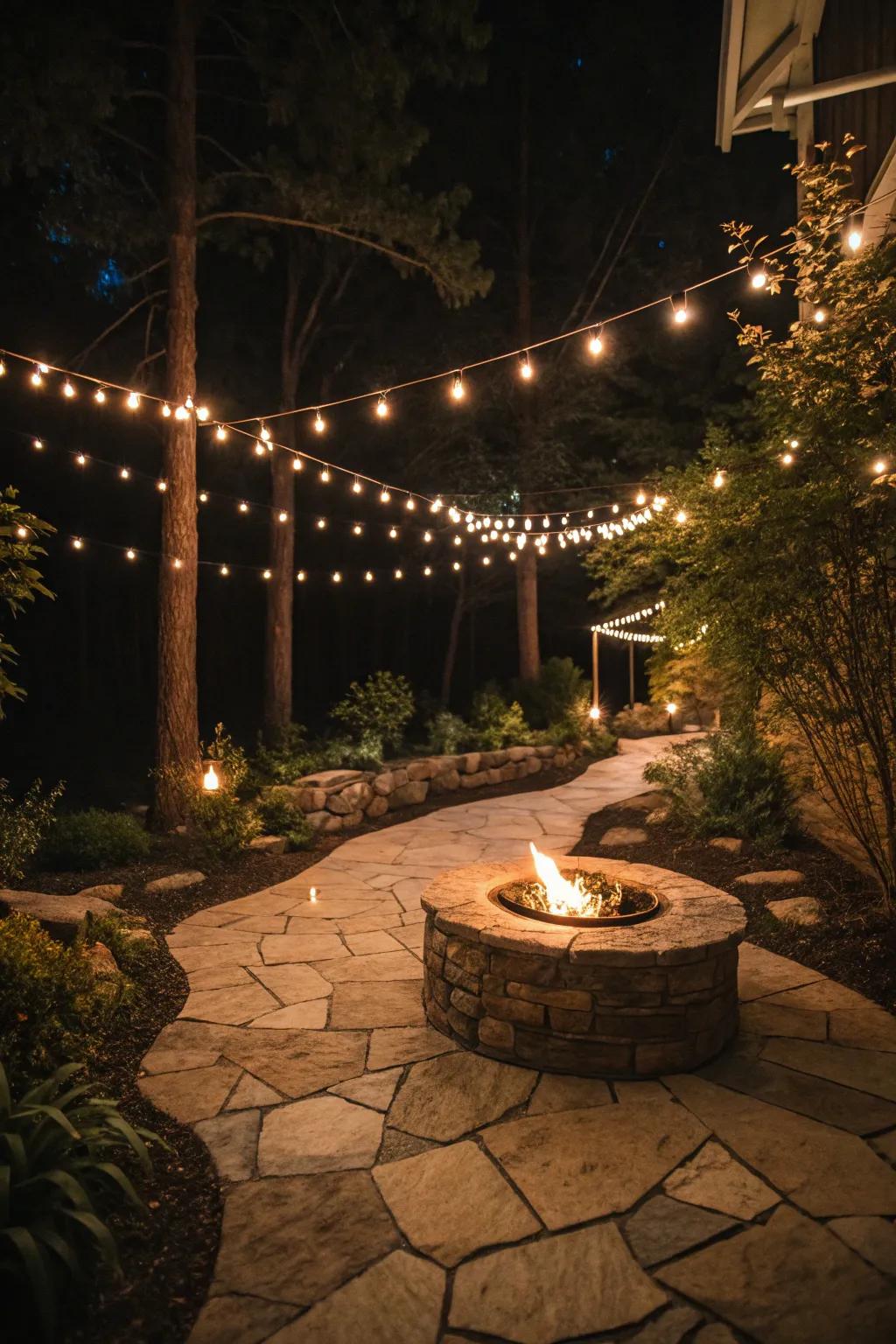 <strong><em>Sparkle strands</em></strong> illuminate a pathway to the fire pit.” loading=”lazy” class=”pimg”>
	</picture><figcaption><strong><em>Sparkle strands</em></strong> illuminate a pathway to the fire pit.</figcaption></figure>
<p>Escort your visitors to the fire pit with <strong><em>sparkle strands</em></strong> lining a stone or gravel pathway. It’s a straightforward yet efficacious means to enhance the journey.</p>
<h3>Possibly handy products:</h3>
<ul class=