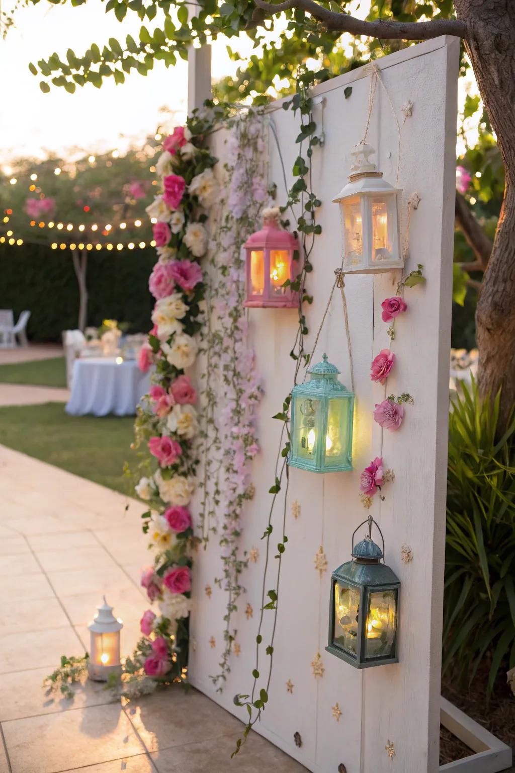 A bulletin board layout for an outdoor party highlighting lanterns and blossoms.