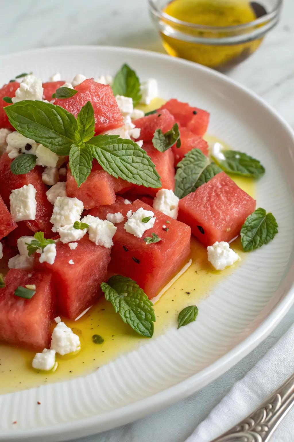 A reviving melon salad, where feta and mint unite in tantalizing harmony.