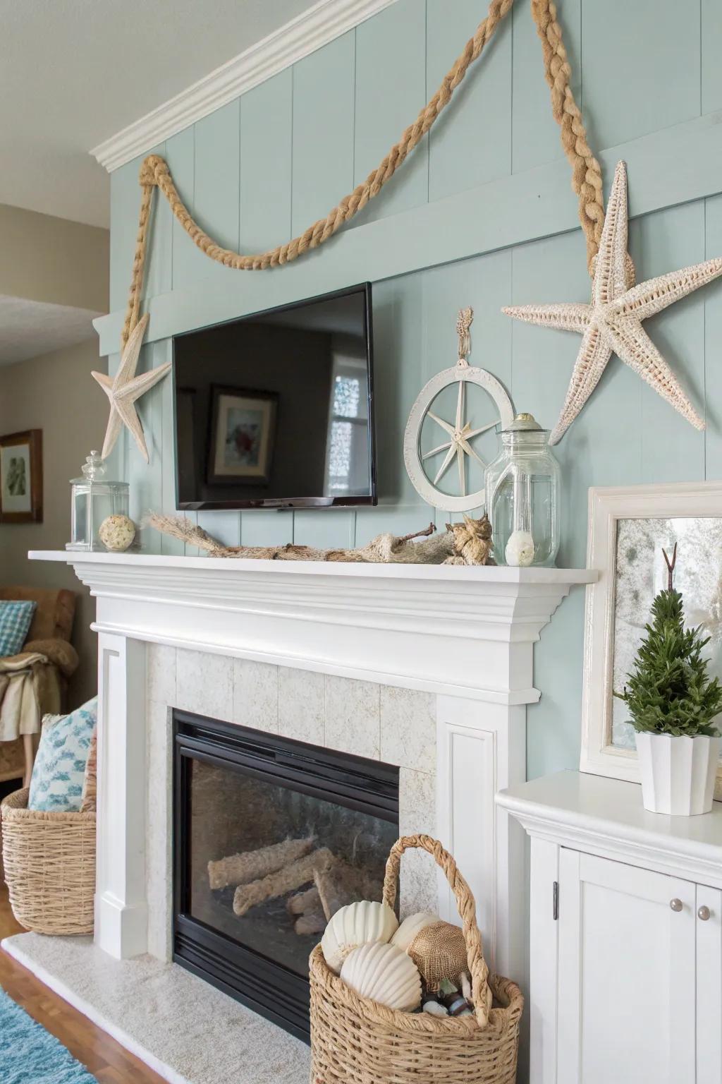 Coastal elements beautifully bring the seaside to your summer mantel.