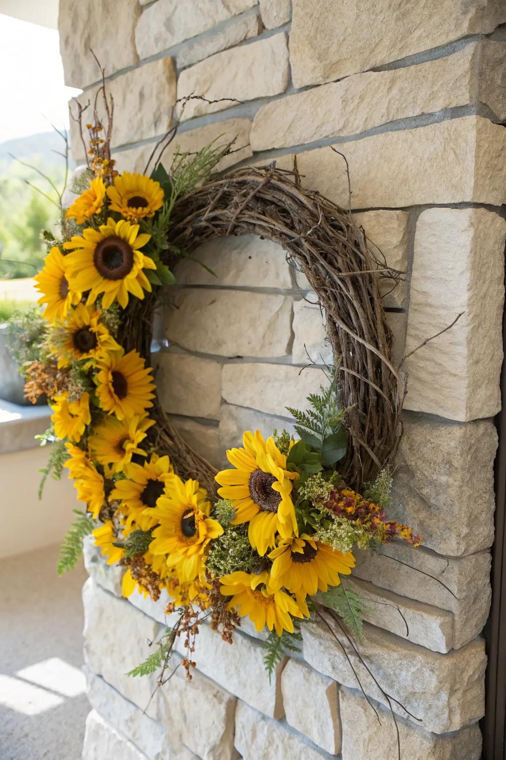 Embrace nature with a branch-woven sunflower wreath.