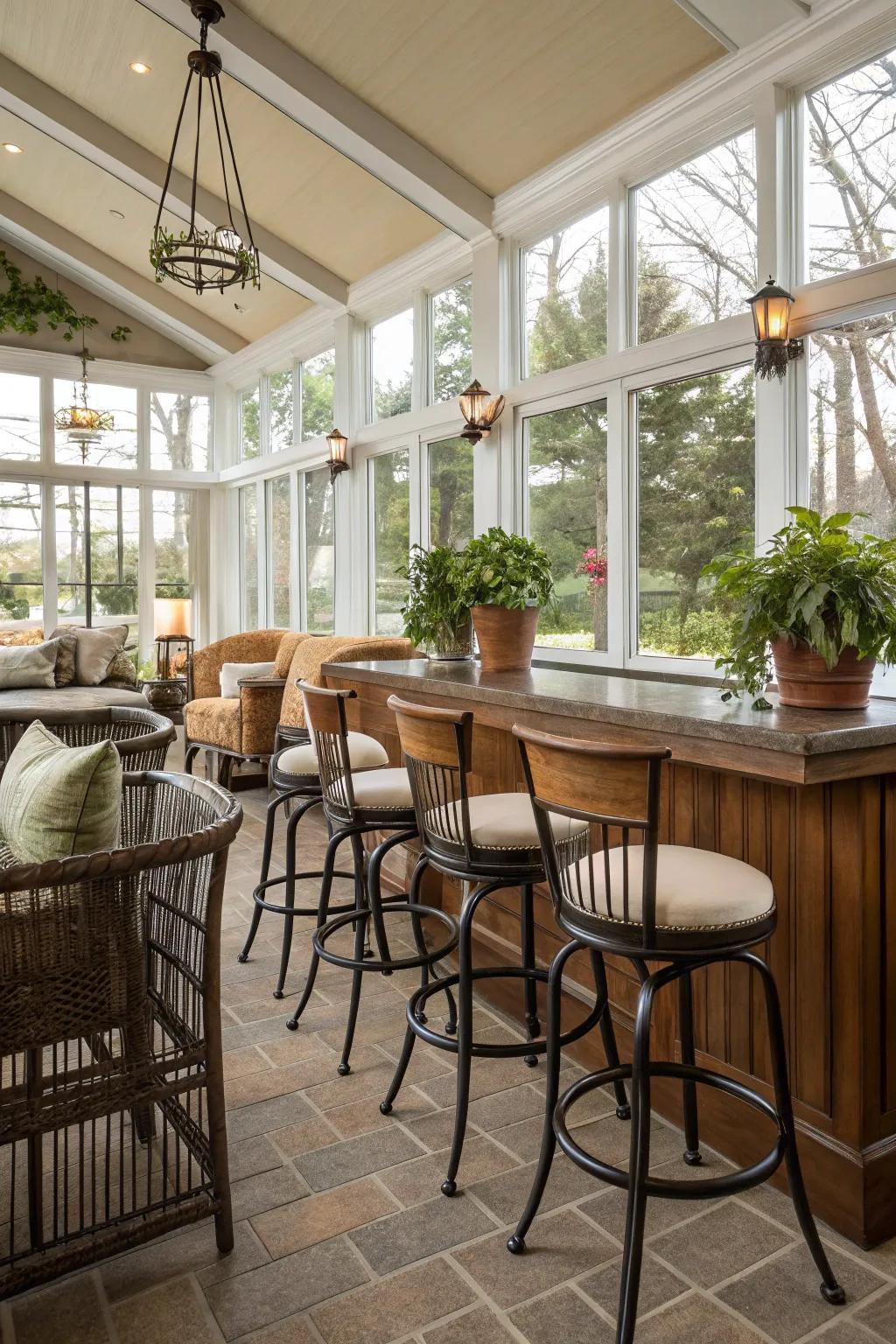 Flexible pub chairs elevate both style and relaxation in your sunroom bar.