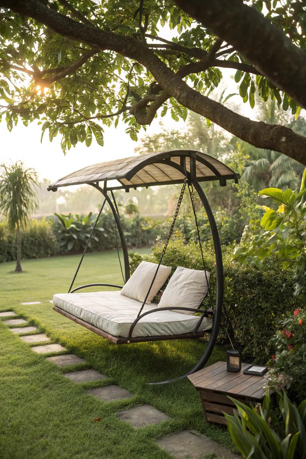 A C-shaped swing seat offers a stylish and comfortable outdoor lounging experience.