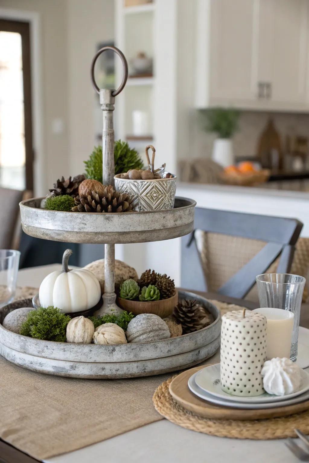 Staged platters provide a stylish means to display multiple items.