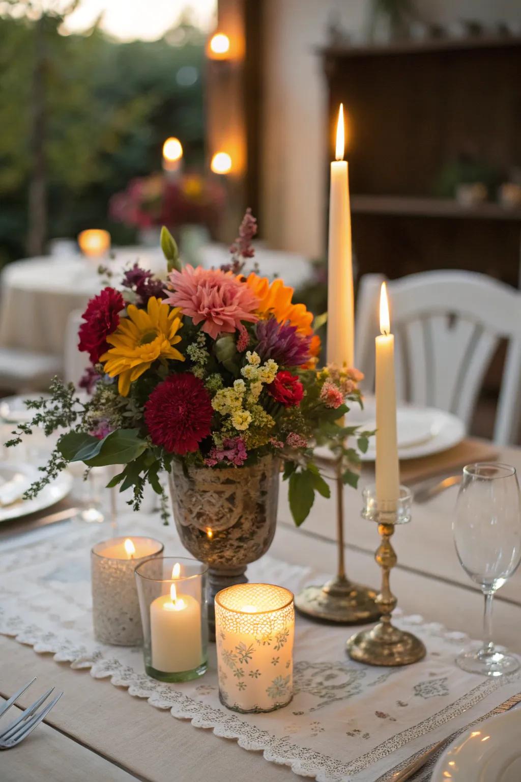 A comforting centerpiece harmonizing illumination with roses and eucalyptus.