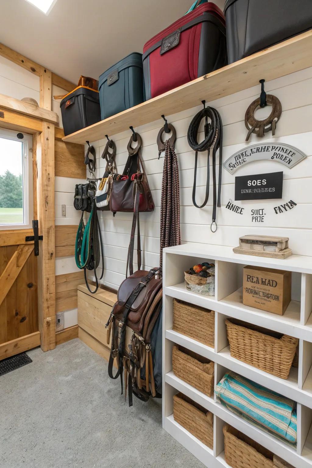 Unique DIY and bespoke storage solutions in a tack room.