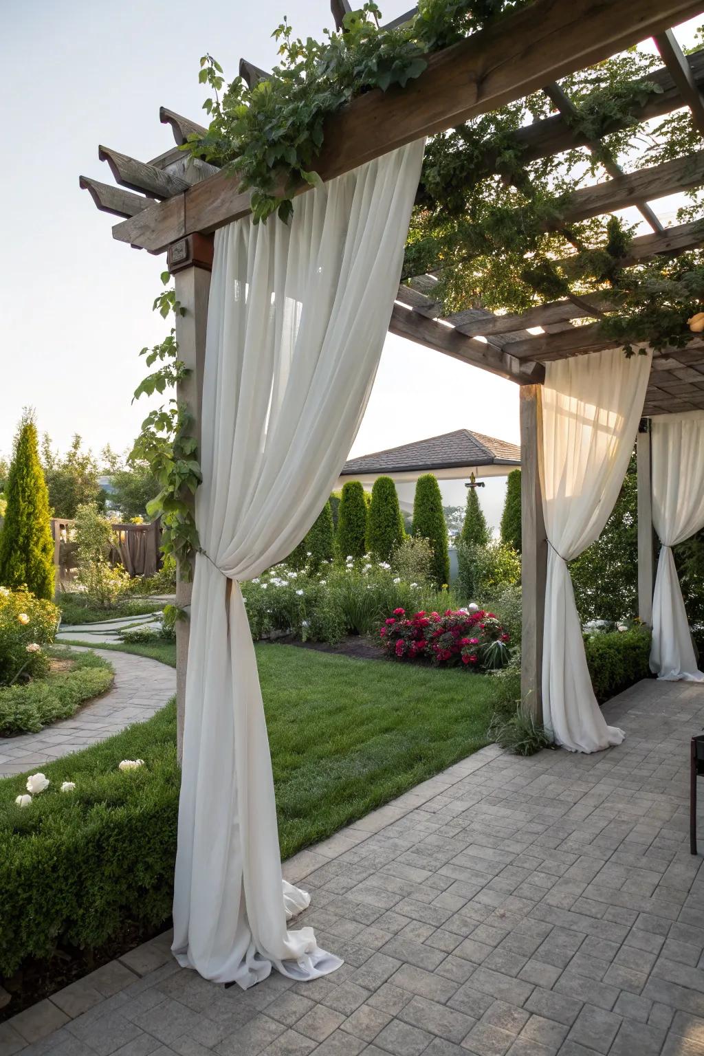 A pergola with overhangs crafting an intimate open-air getaway.