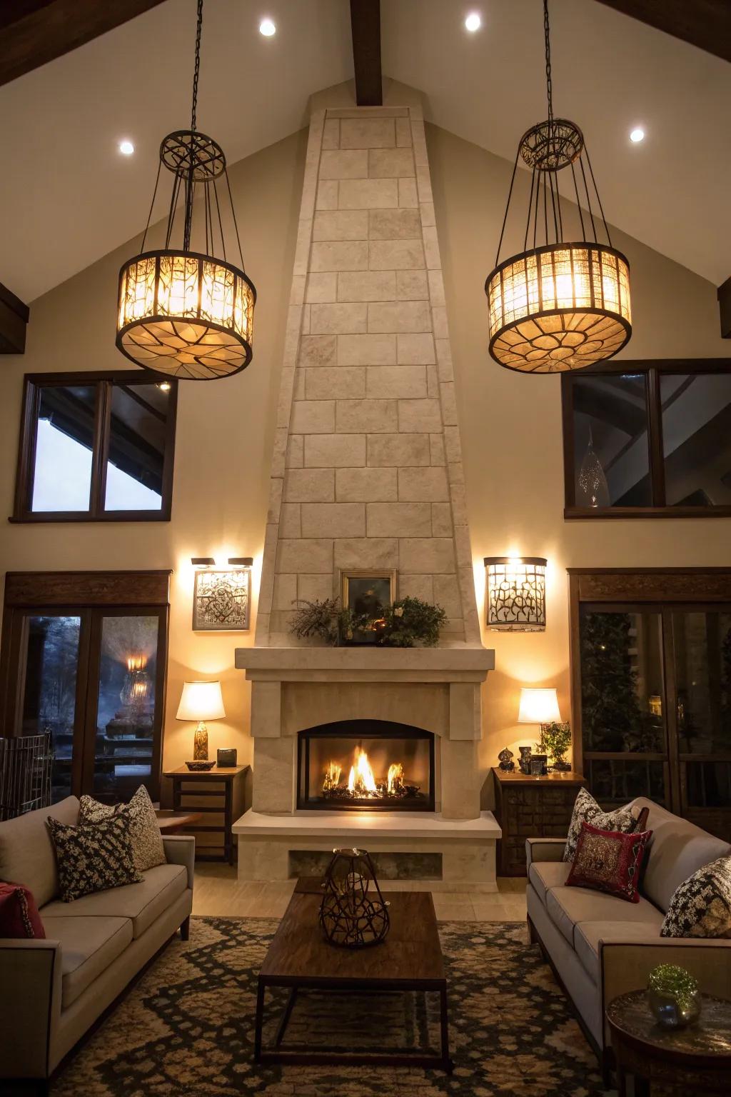 Chic lighting adds elegance and warmth to a fireplace area.