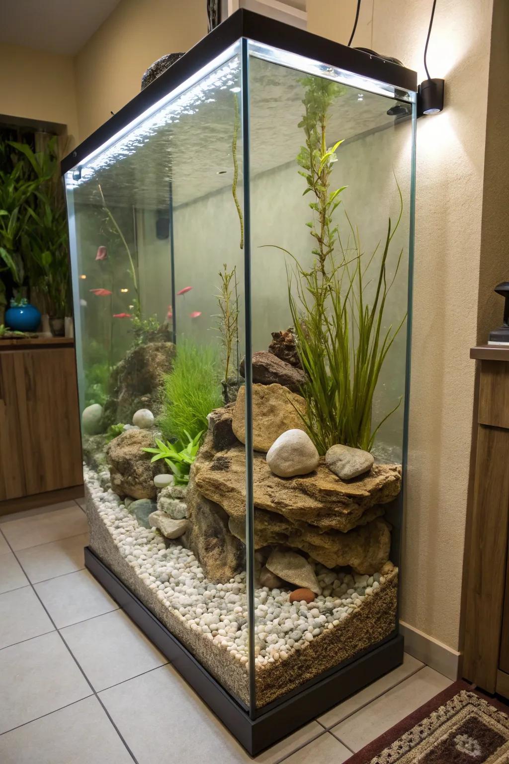 An authentic streambed recreated inside a towering tank.