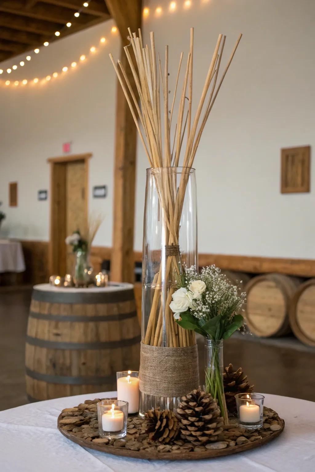 A pastoral elevated glass vase accompanied by wooden embellishments, thereby augmenting a snug cabin-esque ornamental environment.
