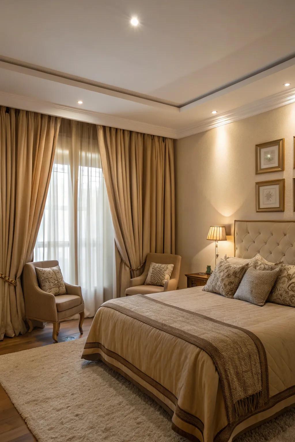 Tailored curtains and furnishings heighten the tan room's agreement.