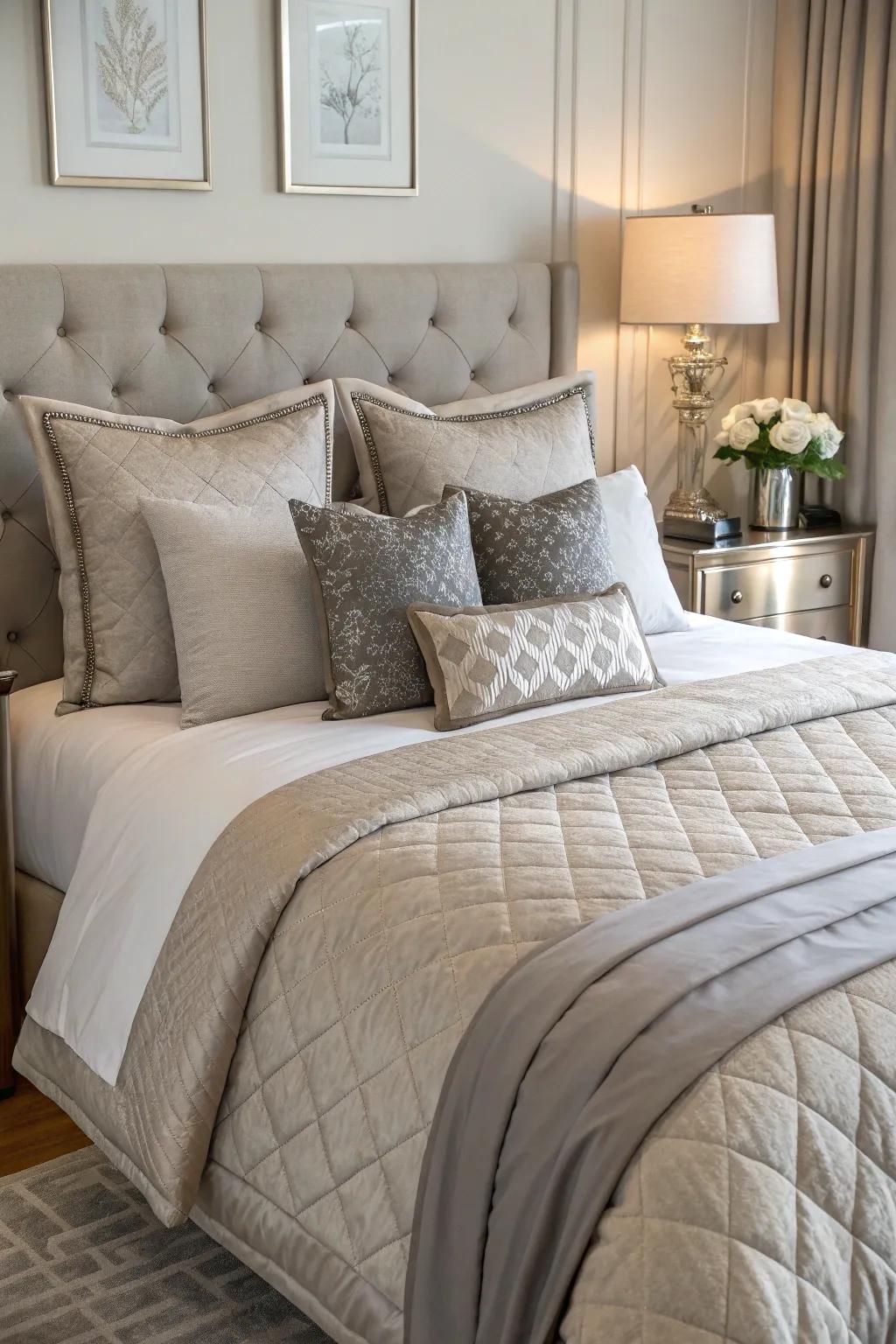Soft brown and grey toss cushions enhancing the bed.
