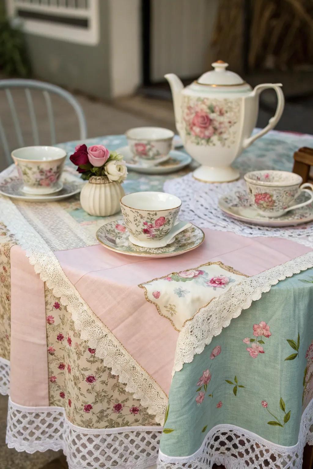 Layered materials create a rich and inviting atmosphere for the tea party.