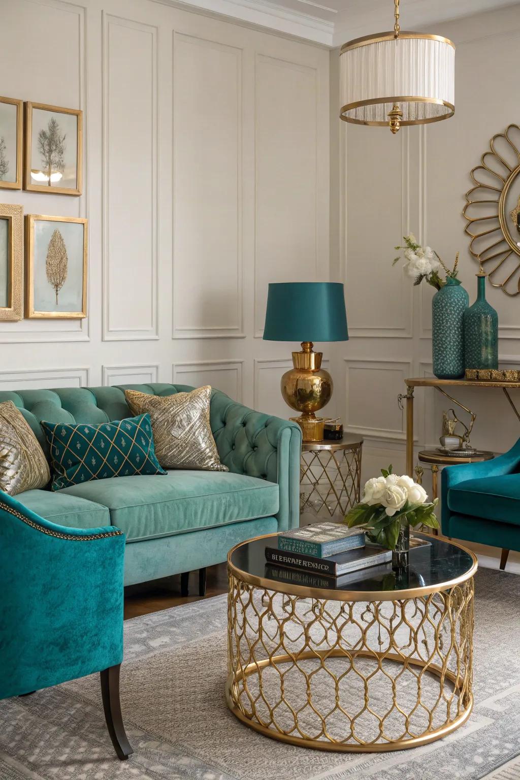 The combination of aquamarine and metallic infuses a hint of grandeur to this living room.