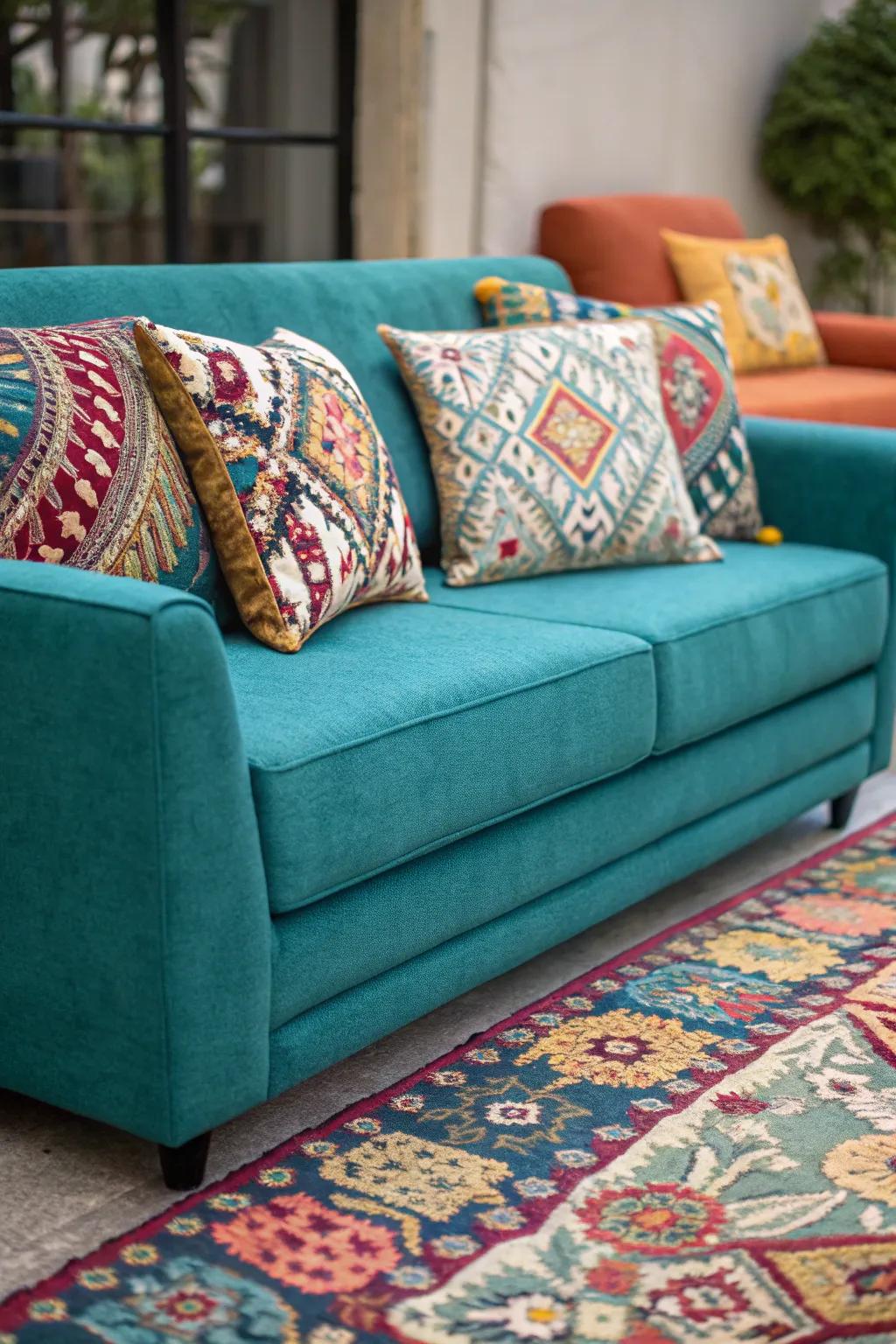 Patterns introduce a playful flair to a teal settee ensemble.