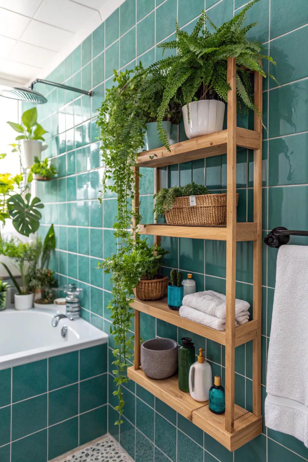 Nature-inspired ornamentation complements the calming effect of teal tiling.